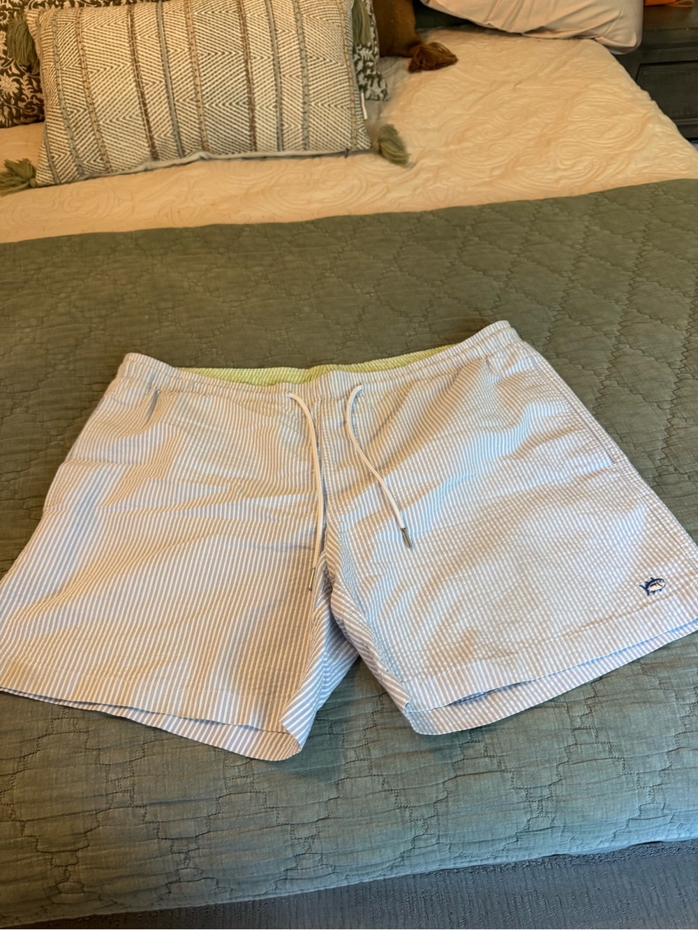 Southern Tide Light Blue & White Seersucker Swim Trunks